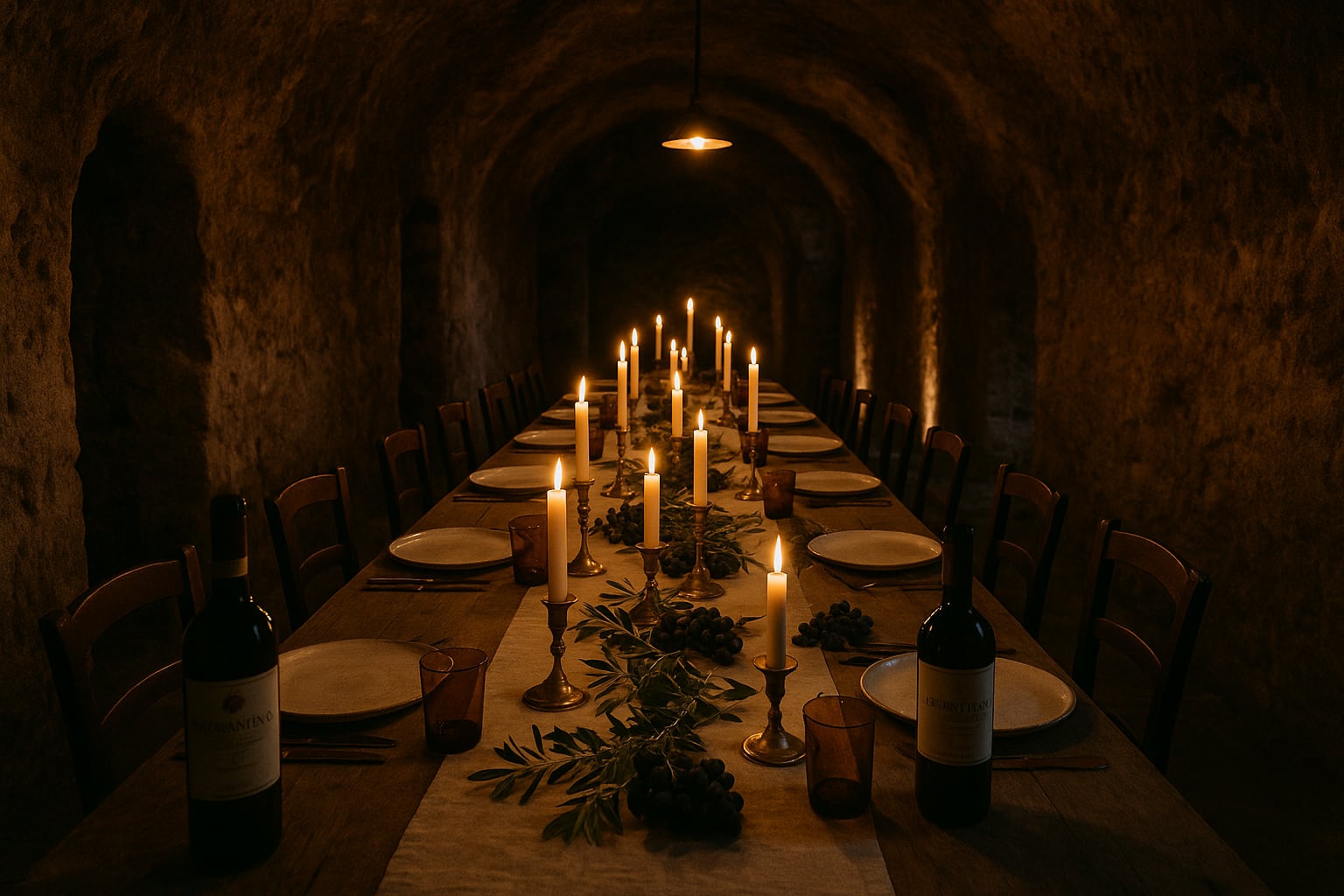 Cena privata nelle grotte sotterranee del castello con candele