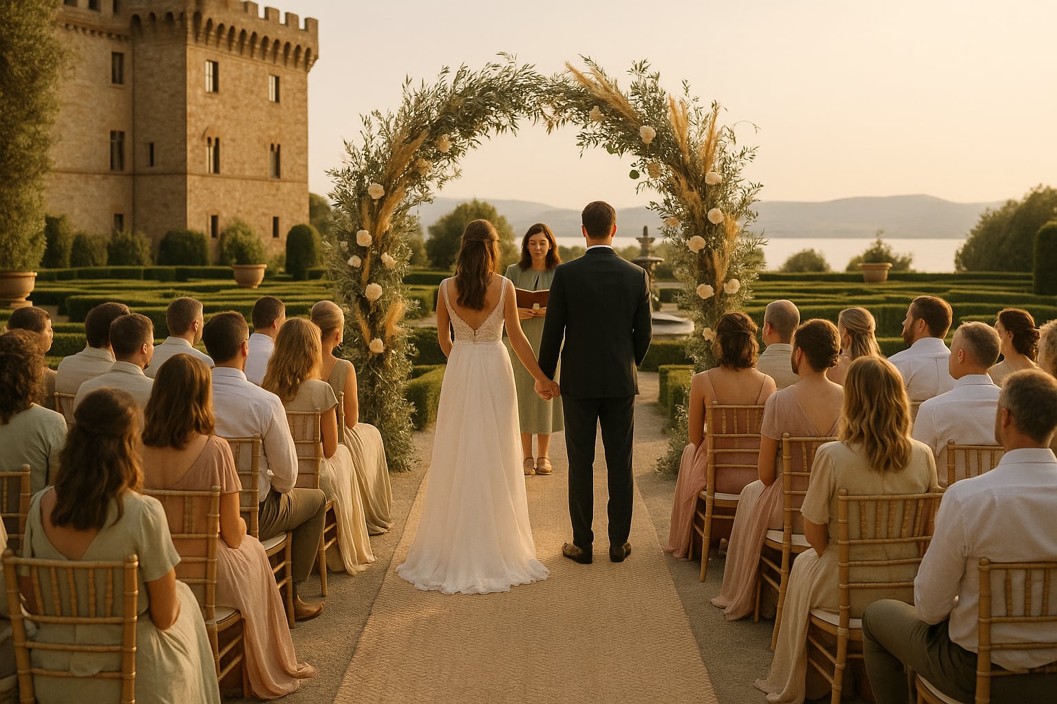 Cerimonia simbolica nel giardino del Castello — sposi sotto arco floreale
