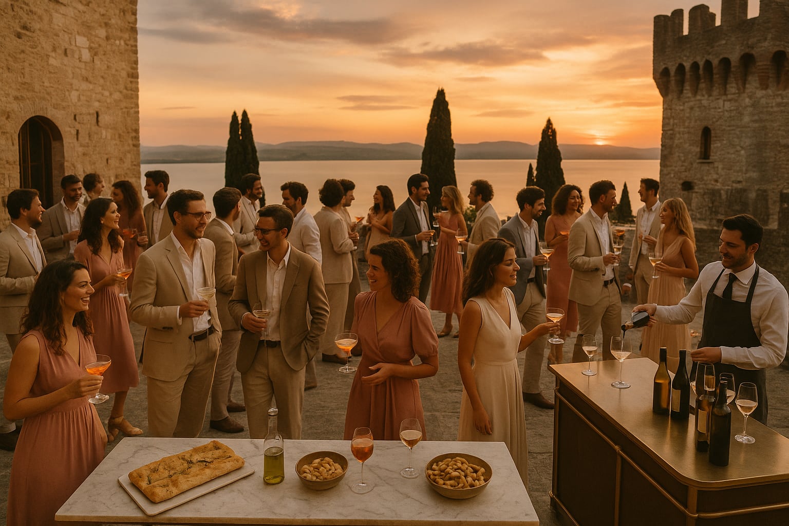 Cocktail al tramonto sulla terrazza del castello vista Trasimeno
