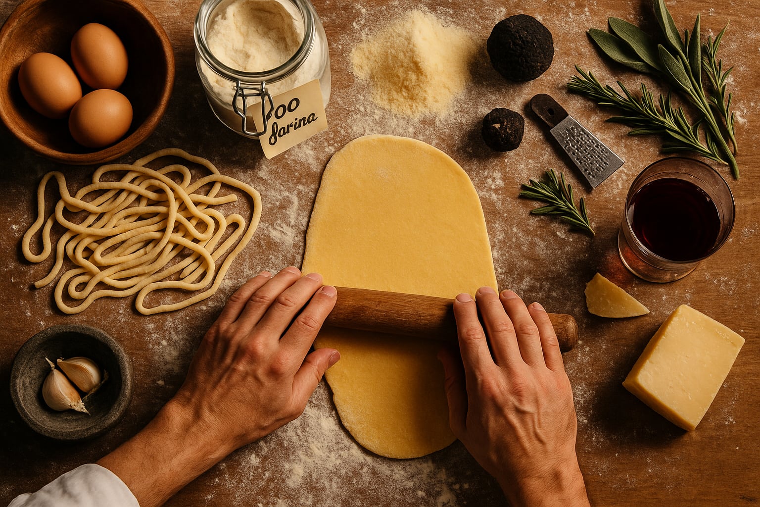 Ingredienti della cooking class — tartufo nero, pasta, Sagrantino