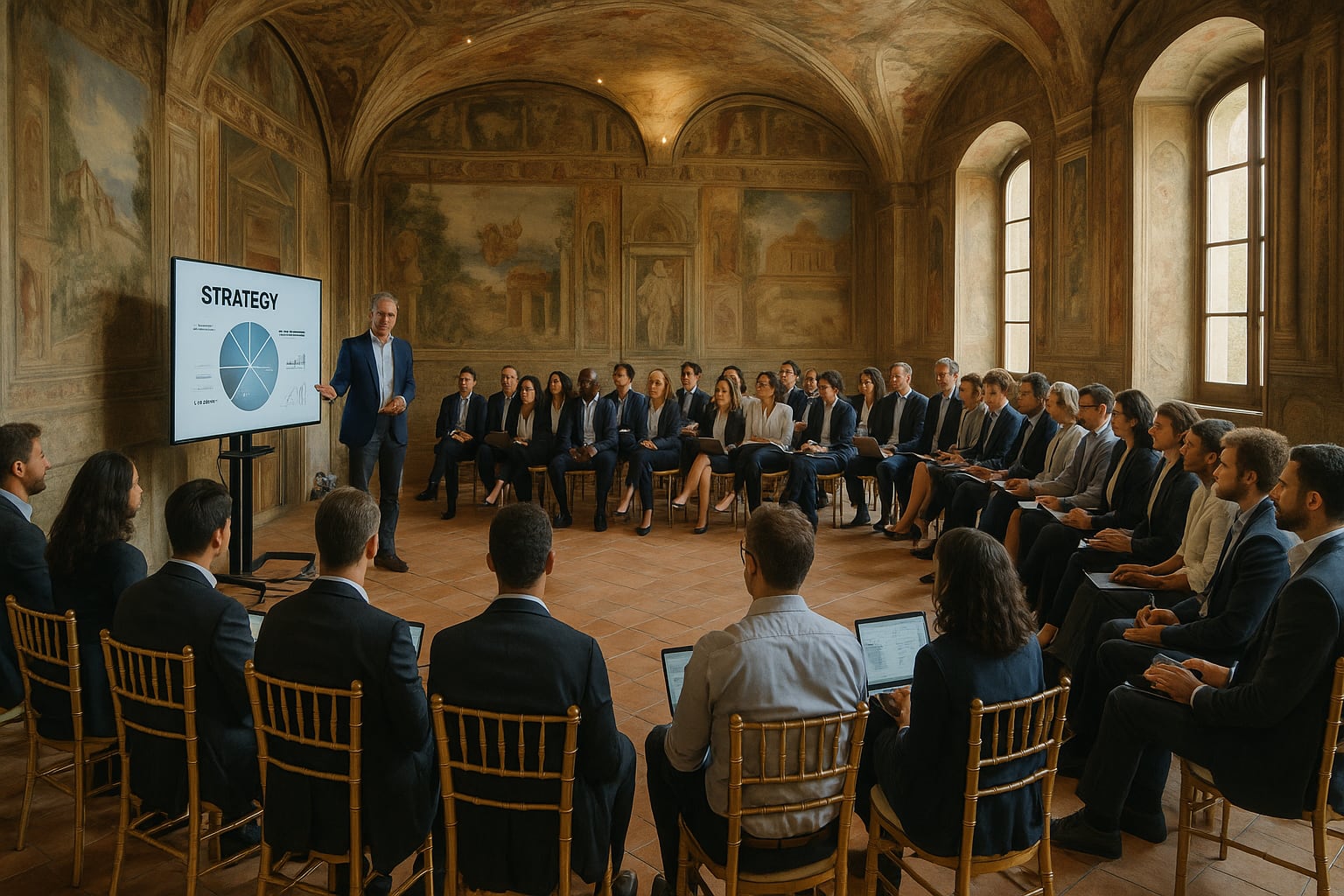 Speech CEO durante offsite corporate nei saloni del castello