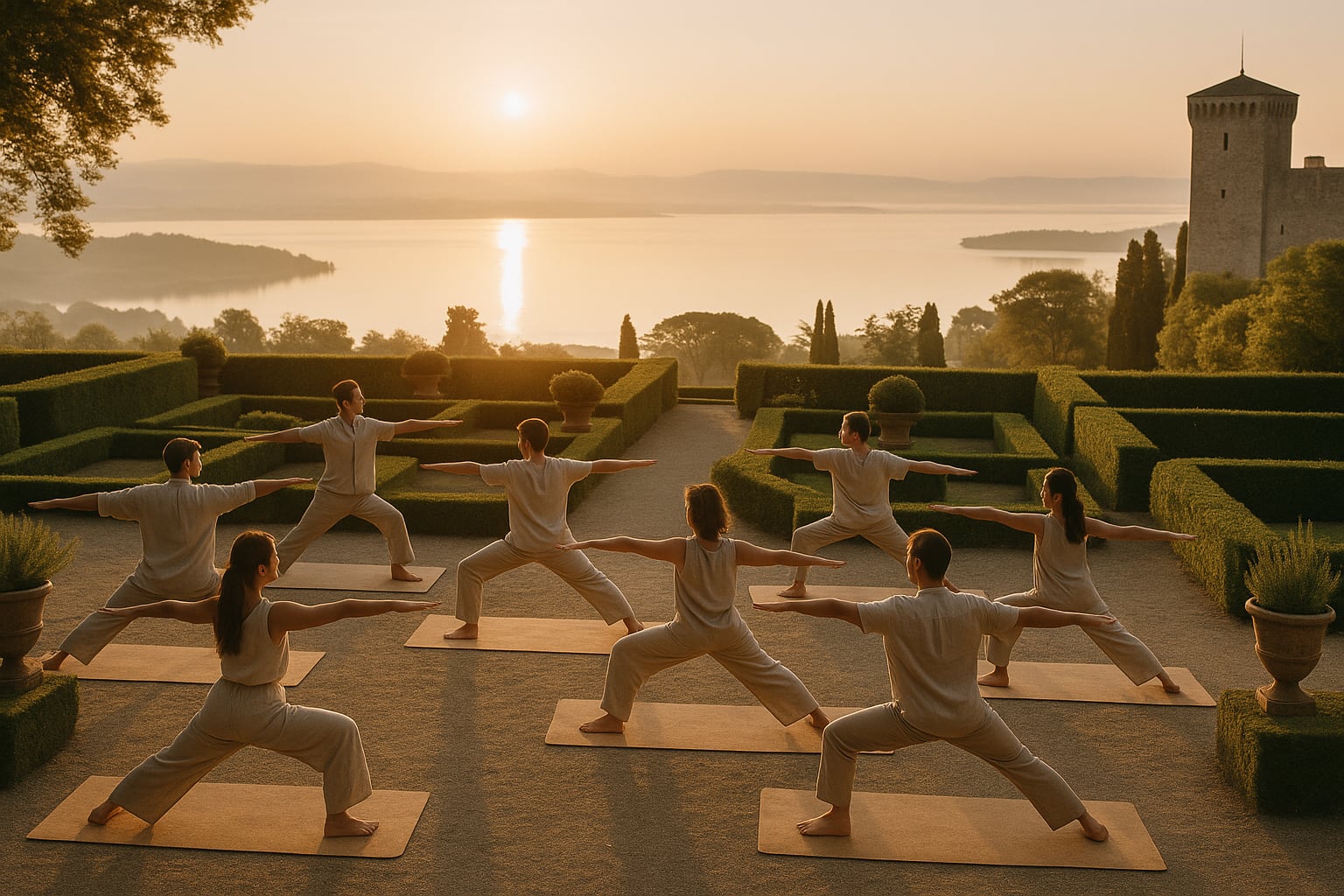 Yoga session sunrise nel giardino del castello con vista Lago Trasimeno